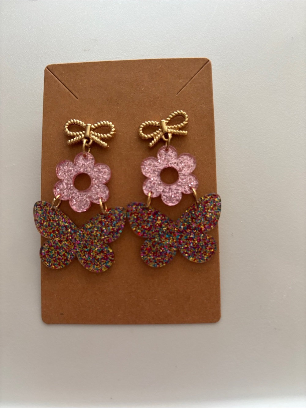 Kids Pink Glitter Flower & Multicolor Butterfly Drop Earrings - Picture 3 of 4
